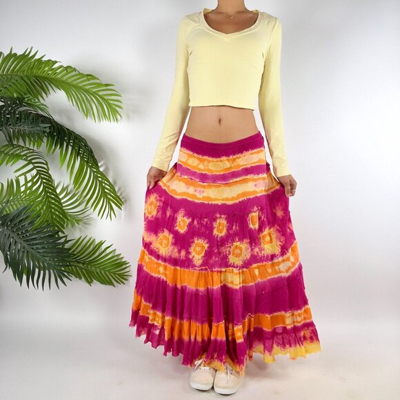 Vintage Y2K Pink Tie Dye Boho Fairycore Low Rise Beachy Hippie Maxi Skirt / L - Picture 1 of 9